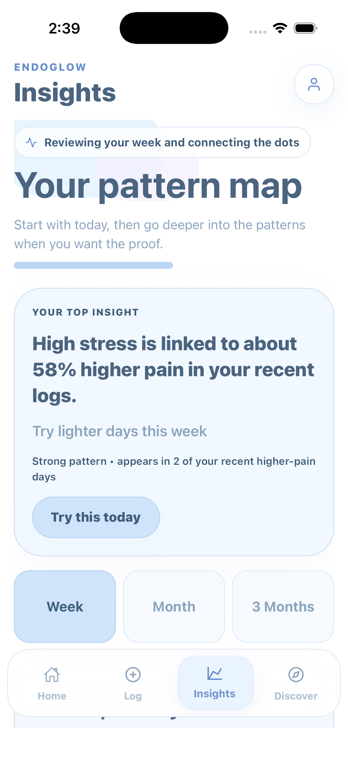 EndoGlow Insights screen showing a pattern map and top insight.