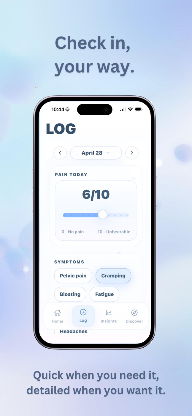 EndoGlow App Store preview showing the Log screen for daily symptom check-ins.