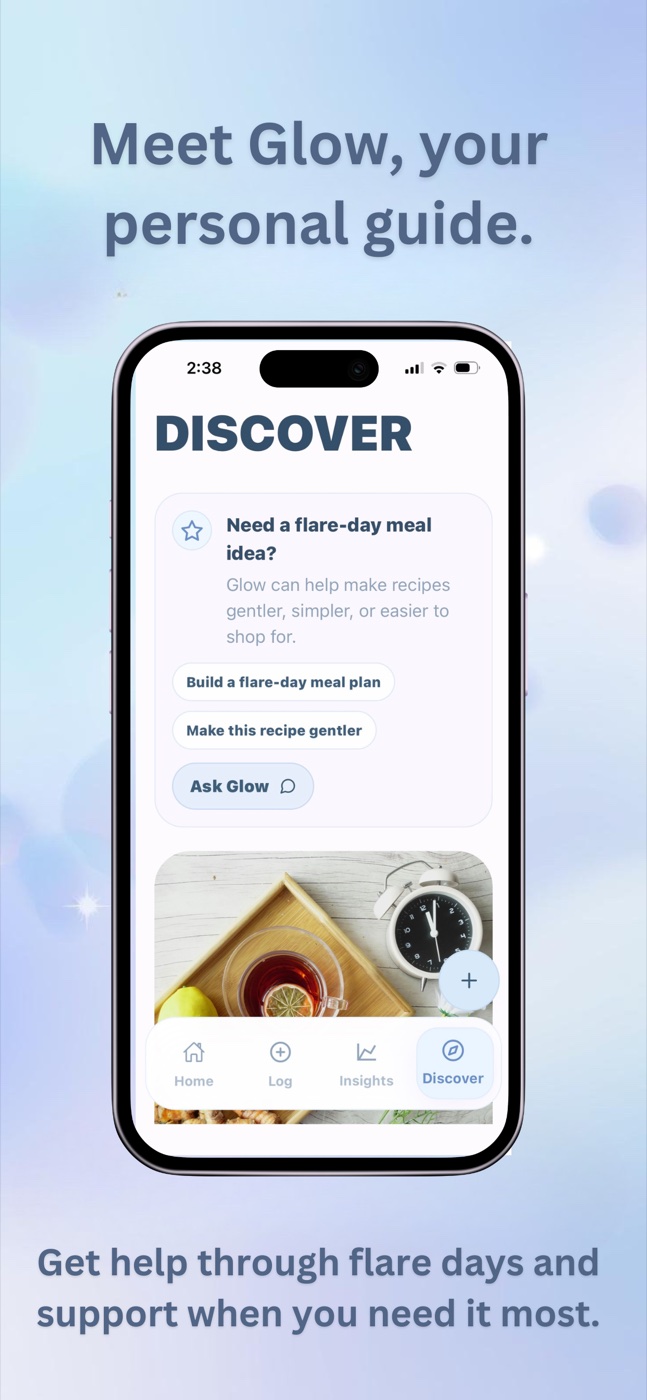 EndoGlow App Store preview introducing Glow, a personal guide for flare-day support.