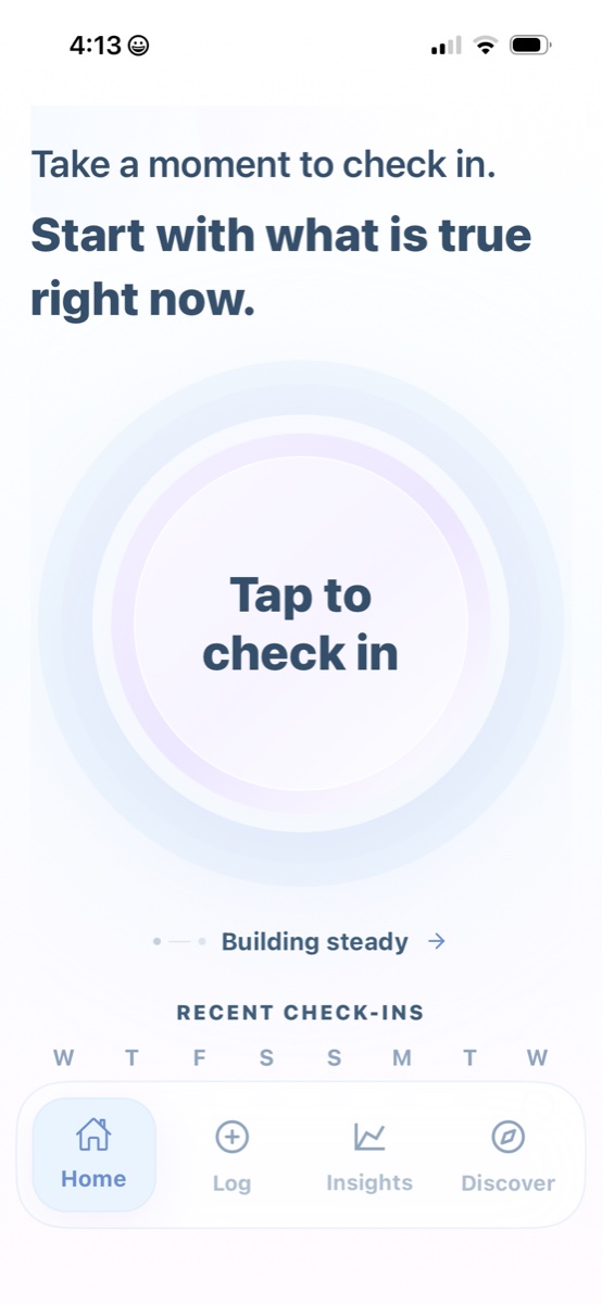 EndoGlow Home screen inviting the user to tap to check in.