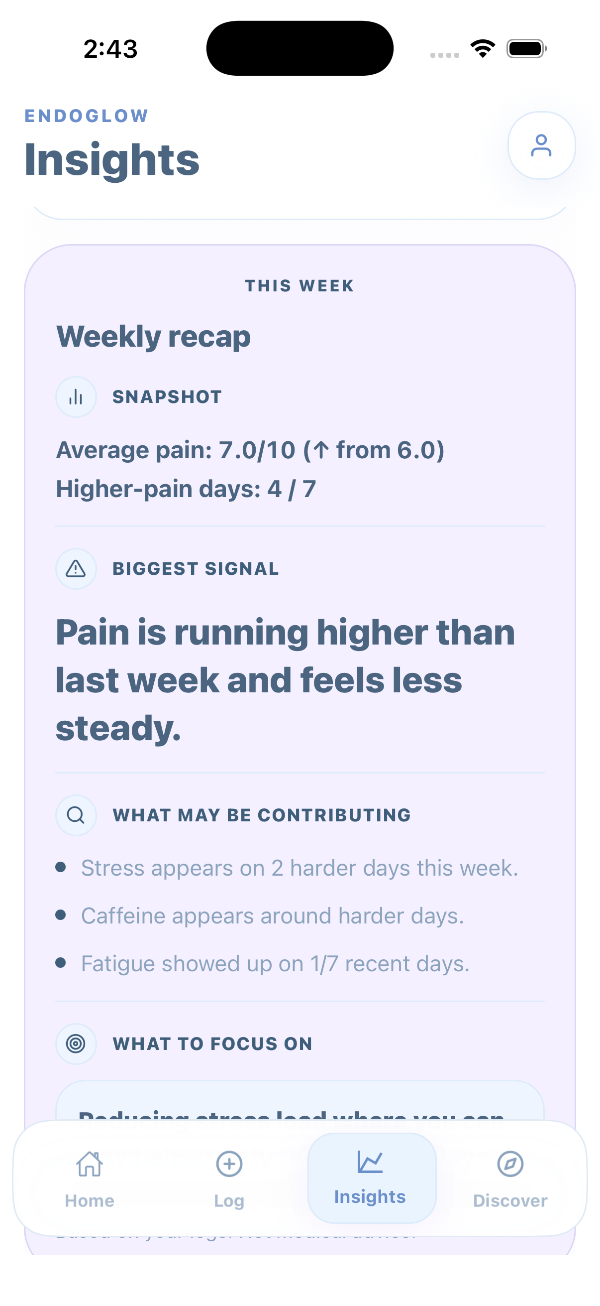 EndoGlow Visit Summary screen showing doctor prep talking points and questions to ask.